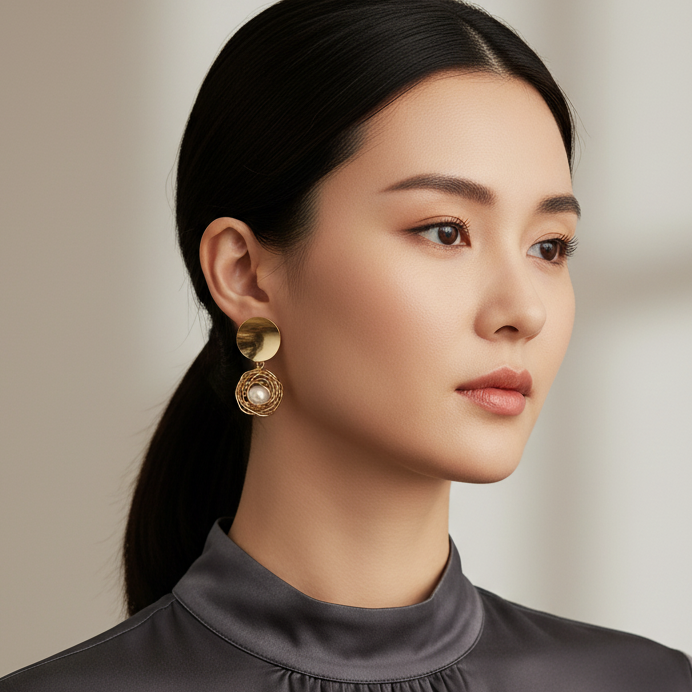 Bird Nest Pearl Drop Earrings - ORYX TREND EaringDrop earrings featuring a polished gold disc stud connected to a dangling wire-wrapped sphere (bird's nest style) encasing a single pearl.Default Title#