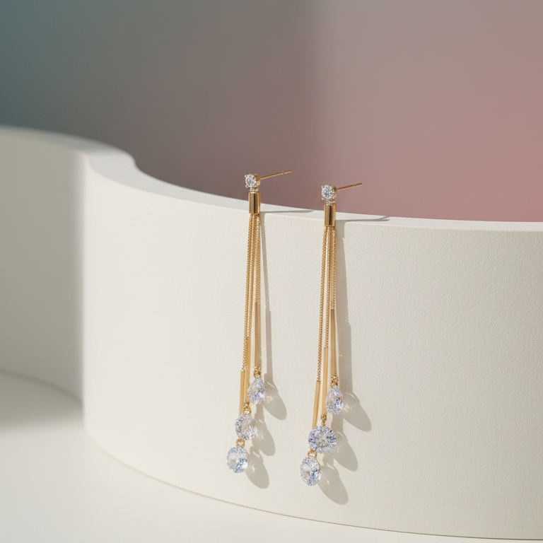 Dazzling CZ Dangle Chain Earrings - ORYX TREND EaringStep into the spotlight with these exquisite Dazzling CZ Dangle Chain Earrings. Featuring three cascading gold chains that end with brilliant, faceted Cubic Zirconia (CZ) stones, these long drop earrings add movement and sparkle to any look. The tassel design is lightweight and glamorous, perfect for weddings, parties, or special evenings. Style: Drop, Dangle, Tassel, Elegant, GlamourDefault Title#