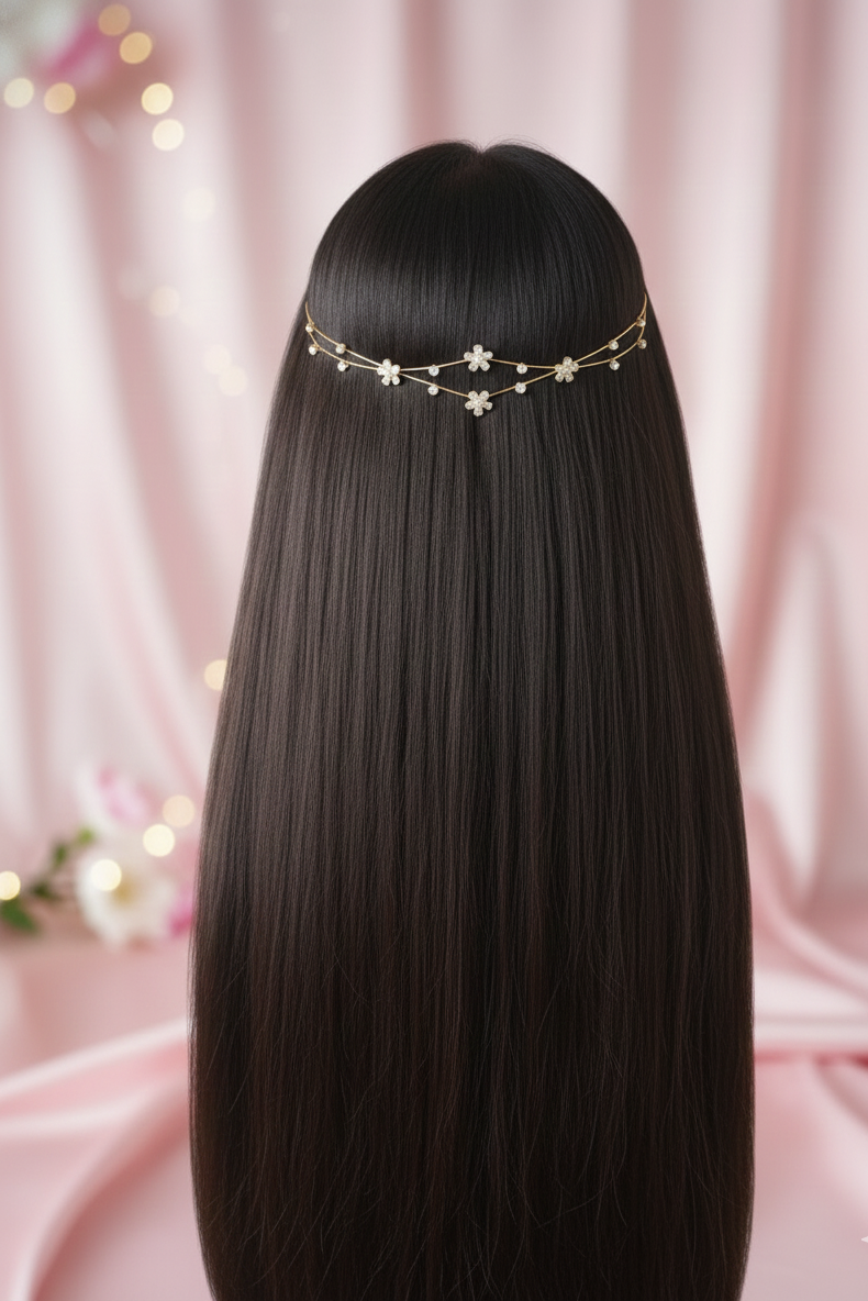 Long black hair with a decorative headband against a pink background
