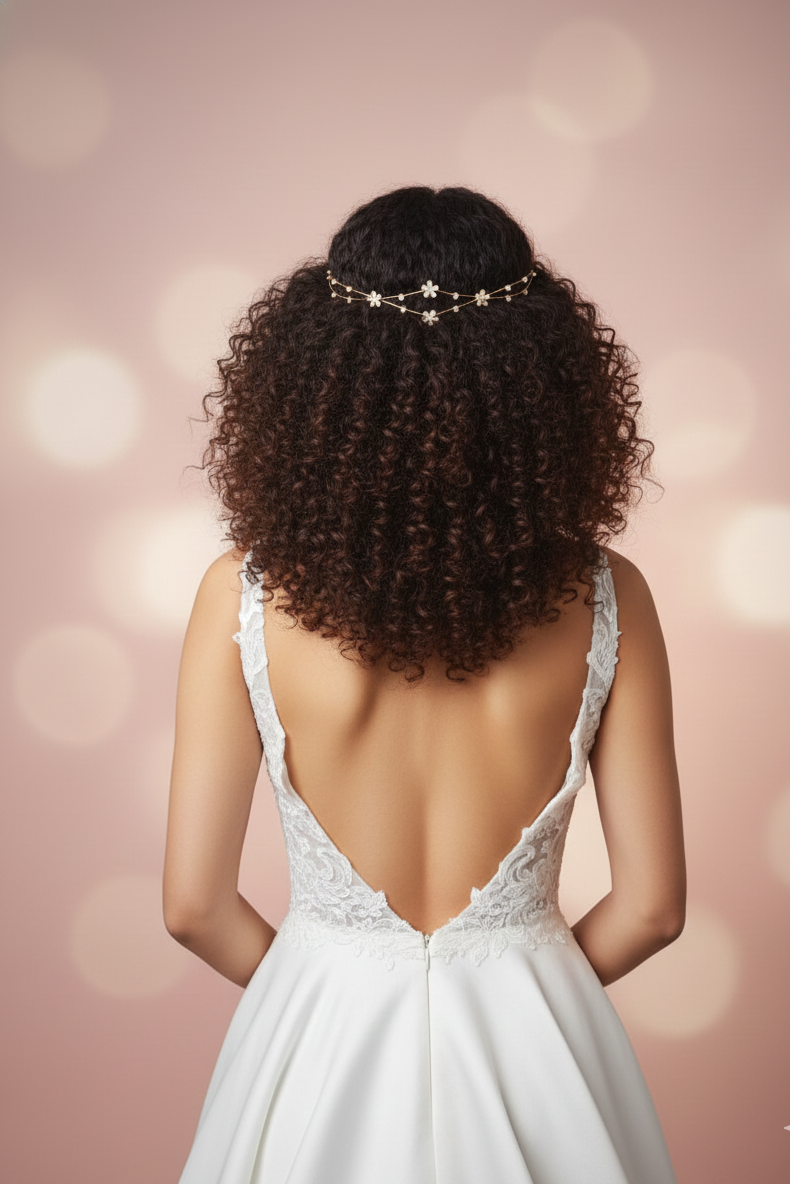 Woman wearing a white wedding dress with a low back and a hair accessory on a pink background