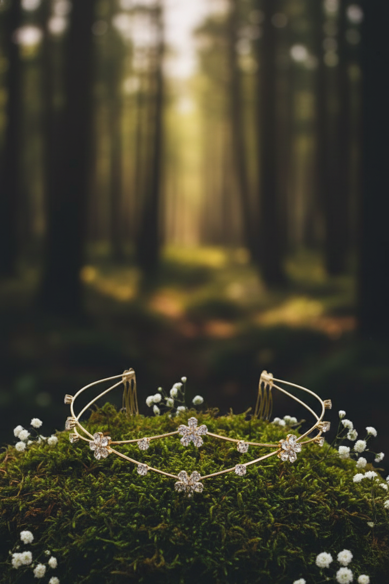 Gold tiara with floral decorations on a mossy surface in a forest setting