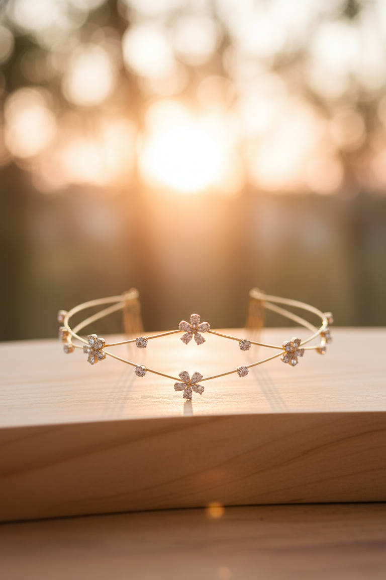 Gold floral tiara on a wooden surface with a blurred natural background