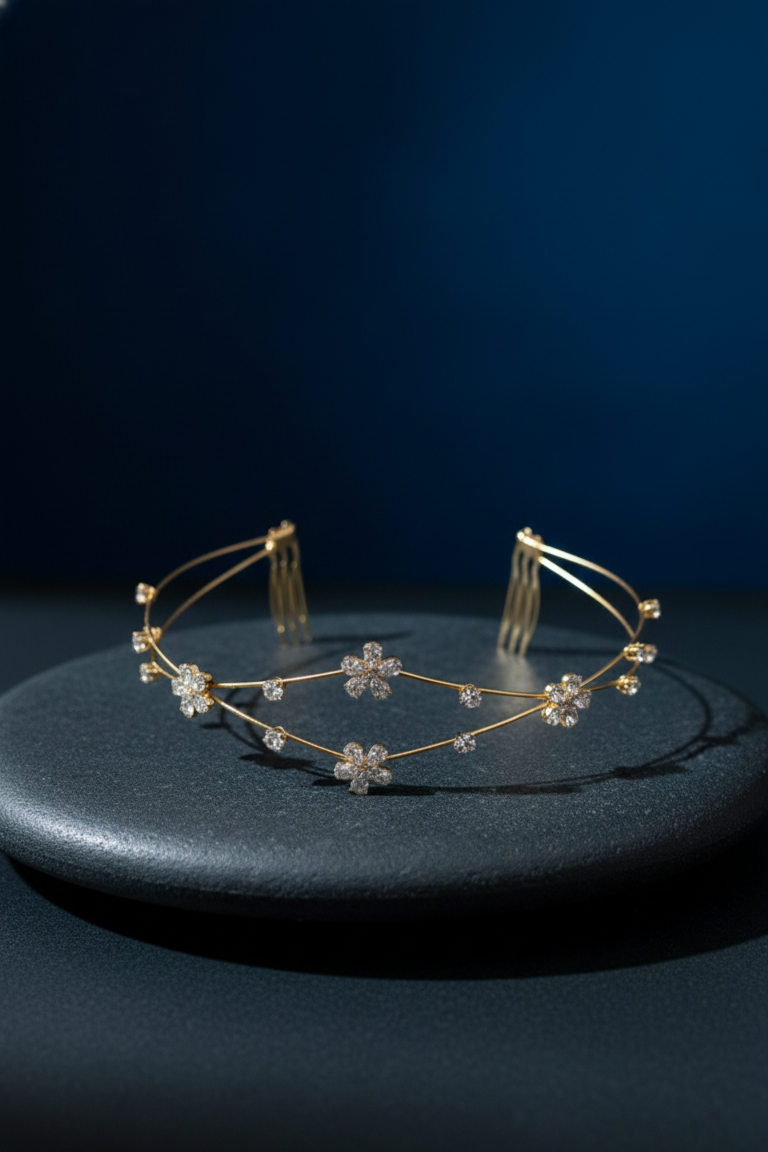 Gold floral tiara on a dark blue surface with a dark blue background