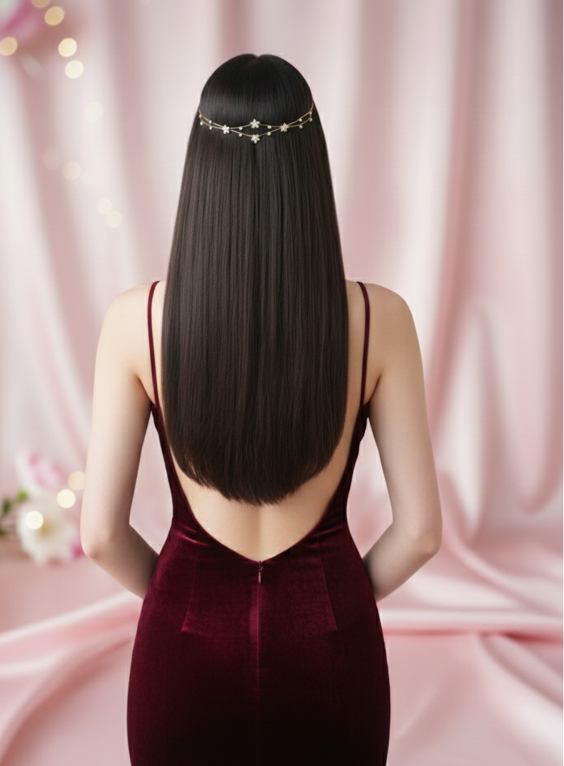 Woman in a burgundy dress with a decorative hair accessory against a pink curtain background