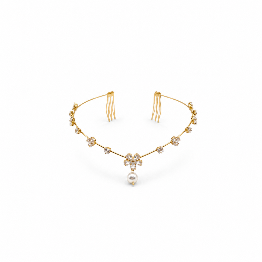 Hera Blossom Pearl Hair Halo | Crystal Bridal Hair Chain