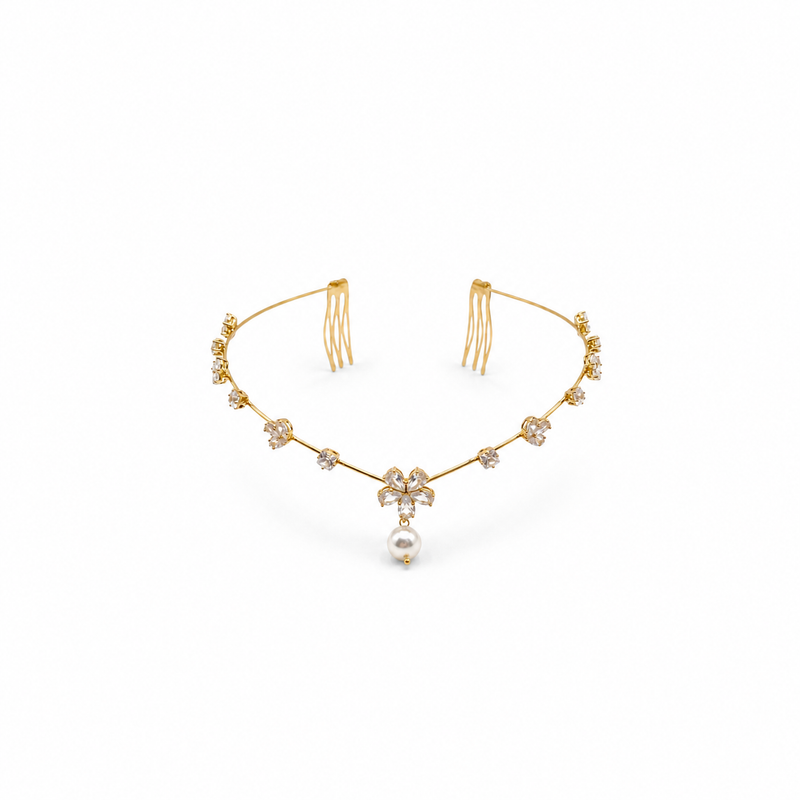 Hera Blossom Pearl Hair Halo | Crystal Bridal Hair Chain