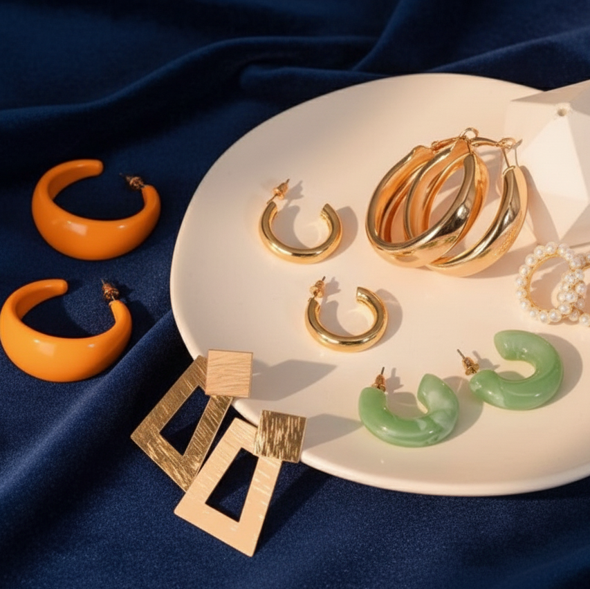 Color-Block Mixed Media Hoop Set for Everyday Use - ORYX TREND EaringCollection: Set of four chunky hoop earrings featuring varying sizes and materials.Default Title#