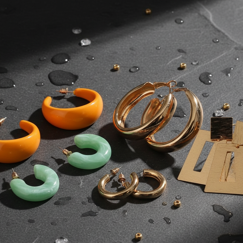 Color-Block Mixed Media Hoop Set for Everyday Use - ORYX TREND EaringCollection: Set of four chunky hoop earrings featuring varying sizes and materials.Default Title#