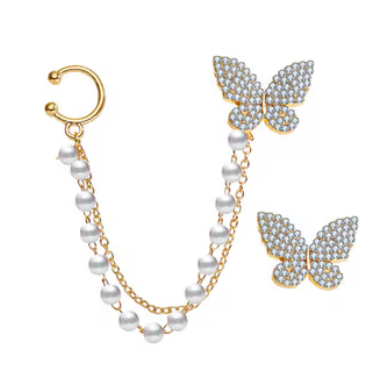 Crystal Butterfly and Pearl Chain Ear Cuff Set - ORYX TREND EaringDesign: Asymmetrical set featuring a pave crystal butterfly stud connected by a double chain of delicate faux pearls to a simple ear cuff.Default Title#