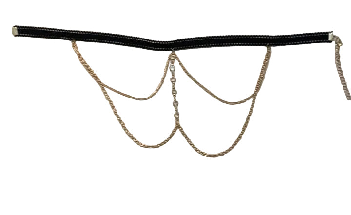 Black belt with gold chain detailing on a white background