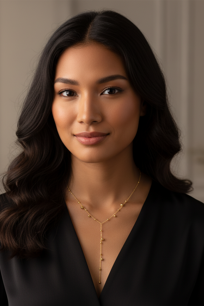 Woman wearing a black top and gold necklace in an indoor setting