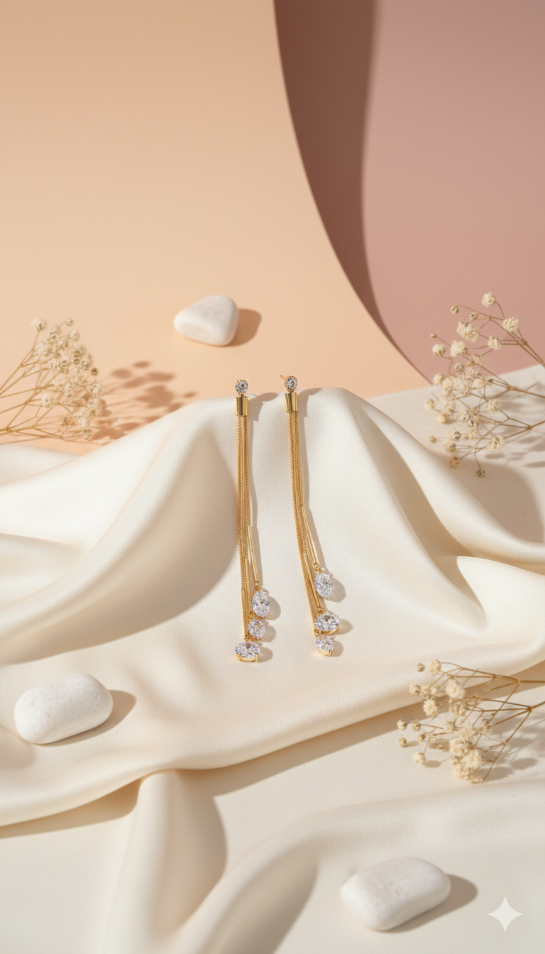 Dazzling CZ Dangle Chain Earrings - ORYX TREND EaringStep into the spotlight with these exquisite Dazzling CZ Dangle Chain Earrings. Featuring three cascading gold chains that end with brilliant, faceted Cubic Zirconia (CZ) stones, these long drop earrings add movement and sparkle to any look. The tassel design is lightweight and glamorous, perfect for weddings, parties, or special evenings. Style: Drop, Dangle, Tassel, Elegant, GlamourDefault Title#