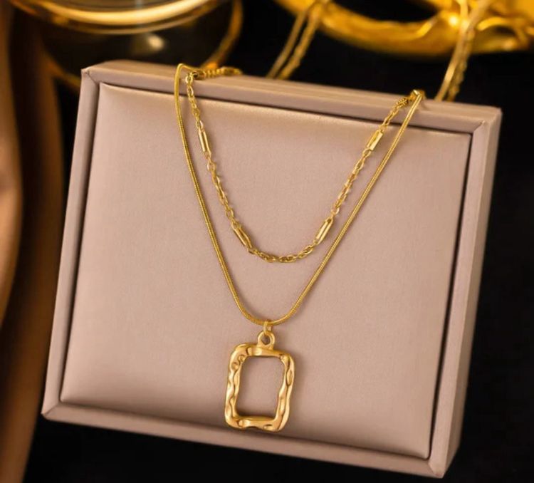 Double Layer Gold Necklace | Textured Pendant Layered Necklace for Women