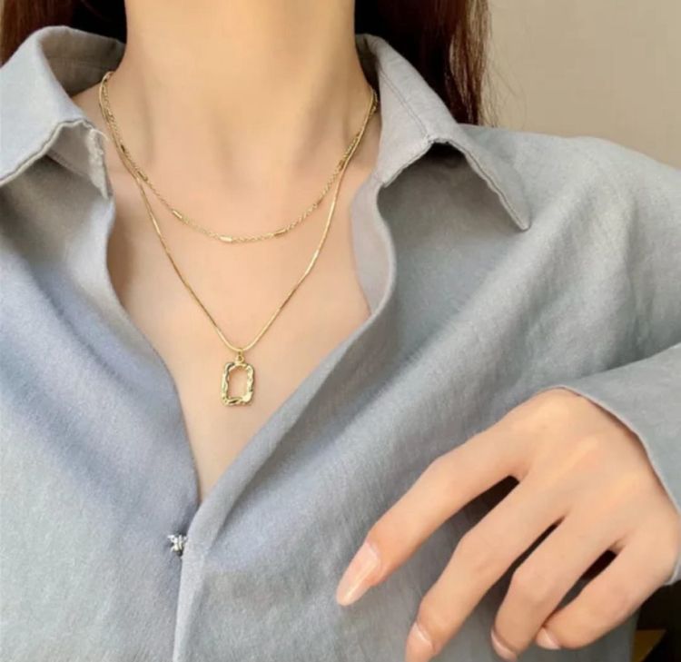 Double Layer Gold Necklace | Textured Pendant Layered Necklace for Women