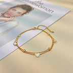 Elegant Double-Layer Gold Anklet with Mother-of-Pearl Hearts