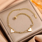 Elegant Double-Layer Gold Anklet with Mother-of-Pearl Hearts