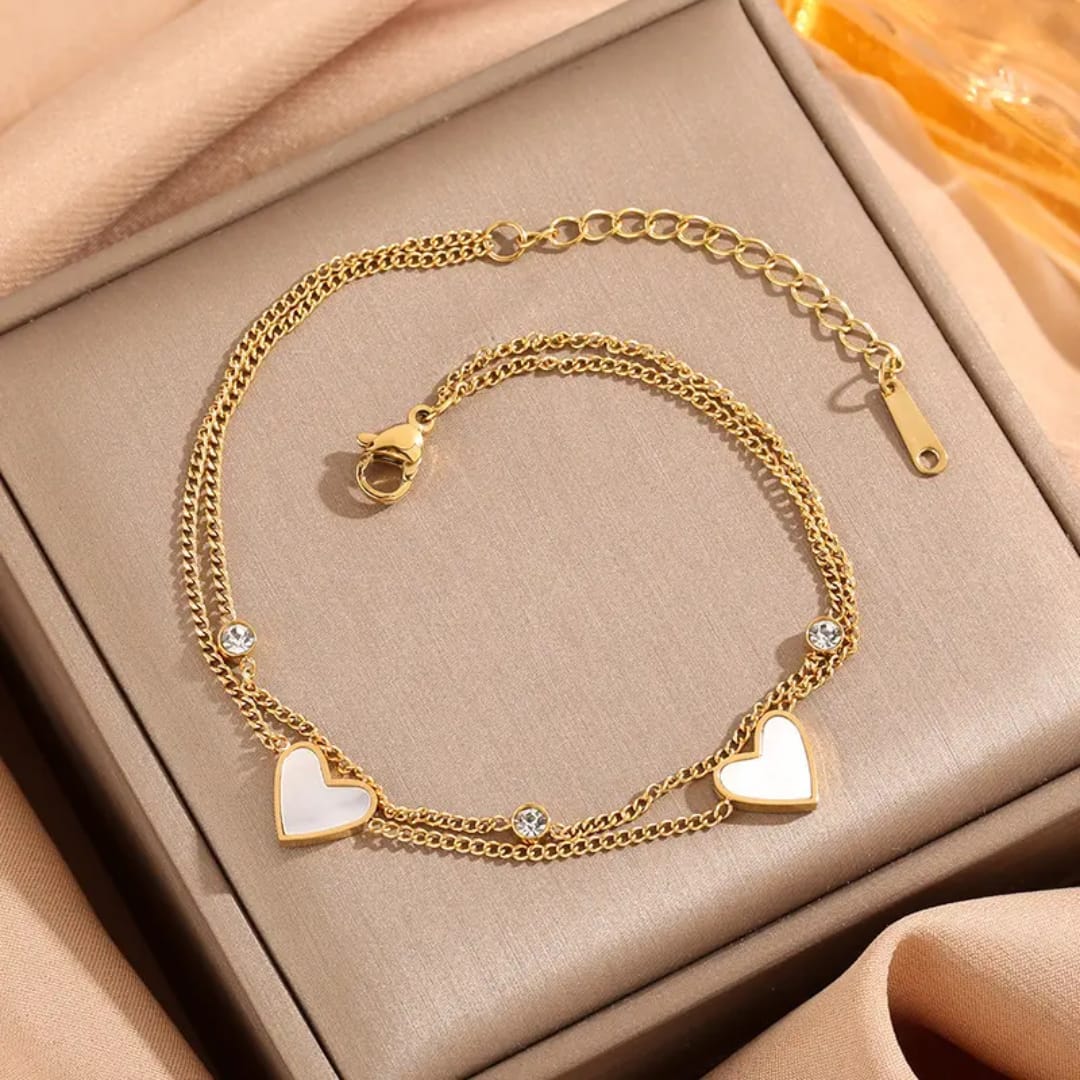 Elegant Double-Layer Gold Anklet with Mother-of-Pearl Hearts