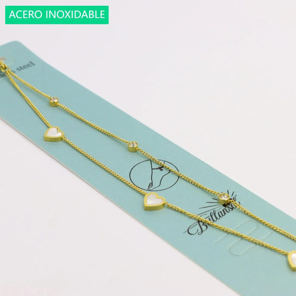 Elegant Double-Layer Gold Anklet with Mother-of-Pearl Hearts