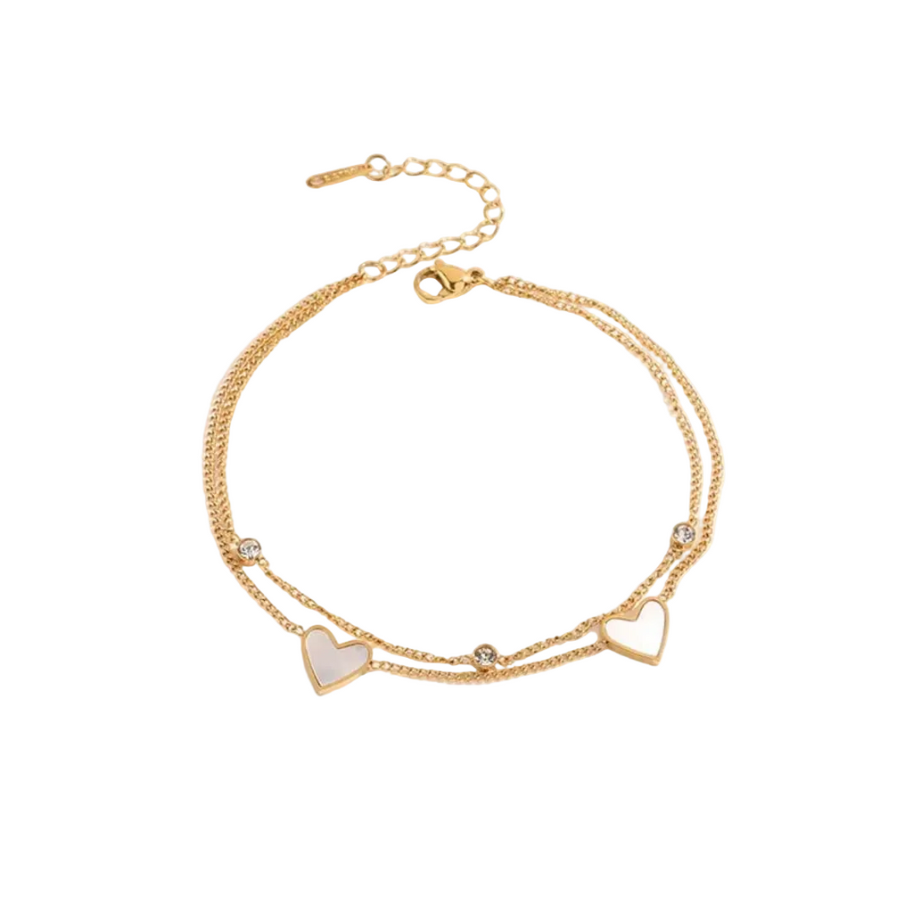 Elegant Double-Layer Gold Anklet with Mother-of-Pearl Hearts