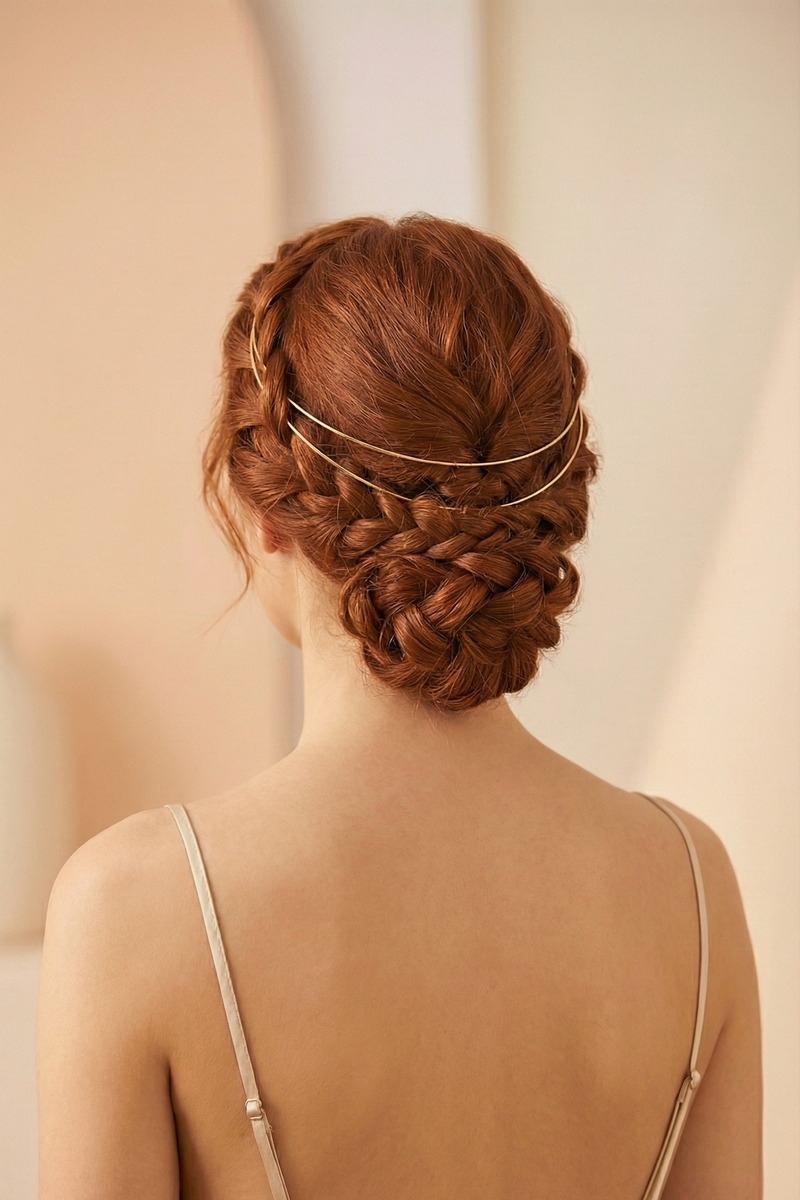 Woman with braided hair wearing a delicate headband against a neutral background