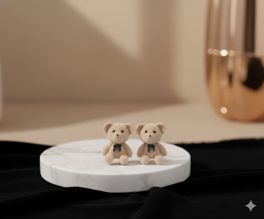 Flocked Teddy Bear Stud Earrings - ORYX TREND EaringAdorable, miniature teddy bear stud earrings covered in a soft, fuzzy flocked (velvet) texture and finished with a tiny black bow tie.Default Title#