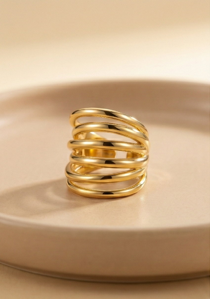Bold Gold Woven Dome Ring - Wide Multi-Layer Statement Band