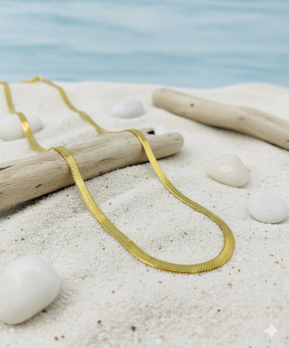 Classic Gold Herringbone Chain Choker Necklace