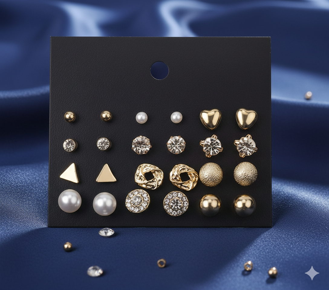 9-Pair Gold Toned Stud Earring Set