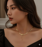 Delicate Gold Bow/Knot Lariat Y-Necklace with Tassel Drops