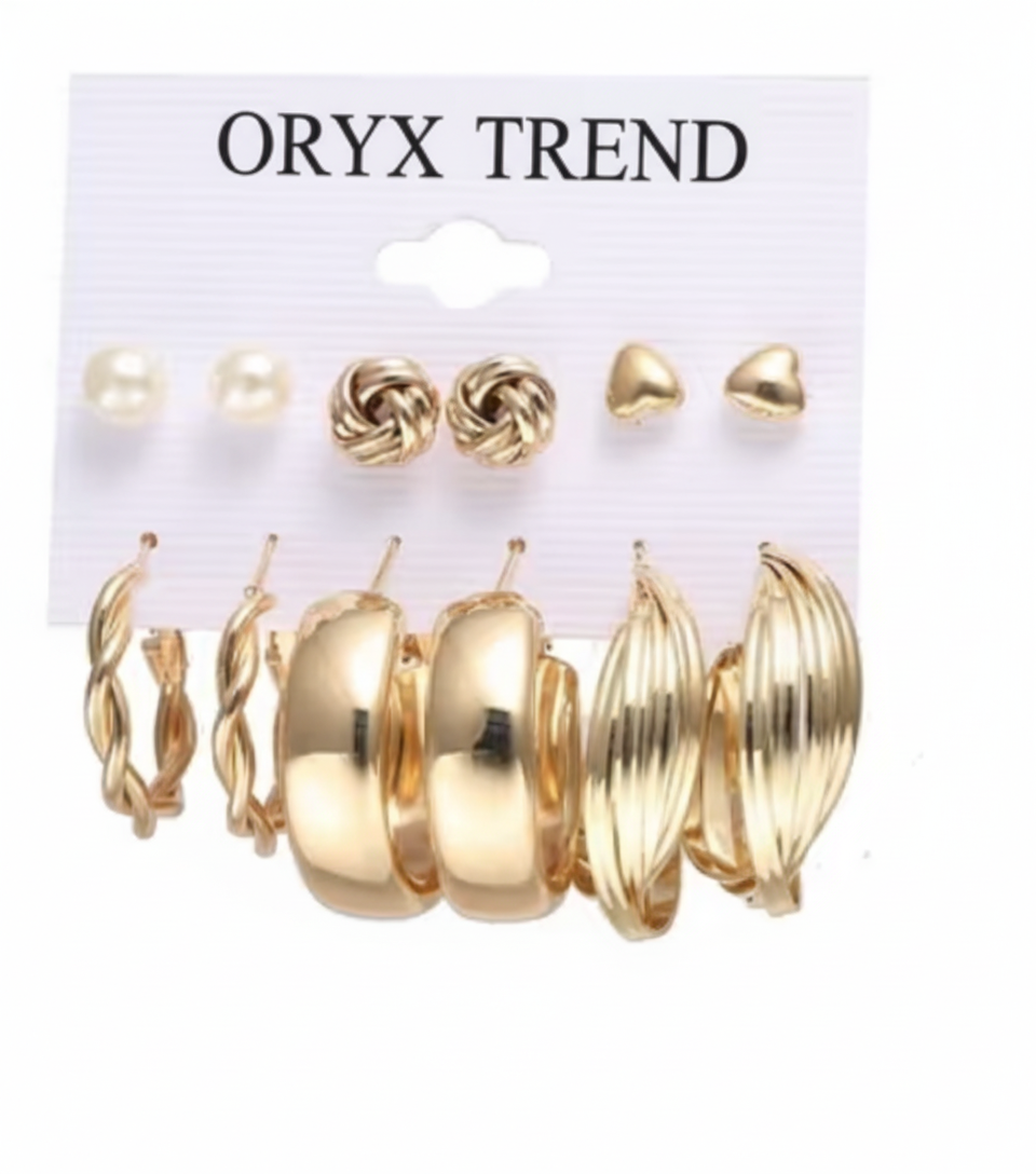 6-Pair Gold-Tone Fashion Earring Set (Hoops & Studs)