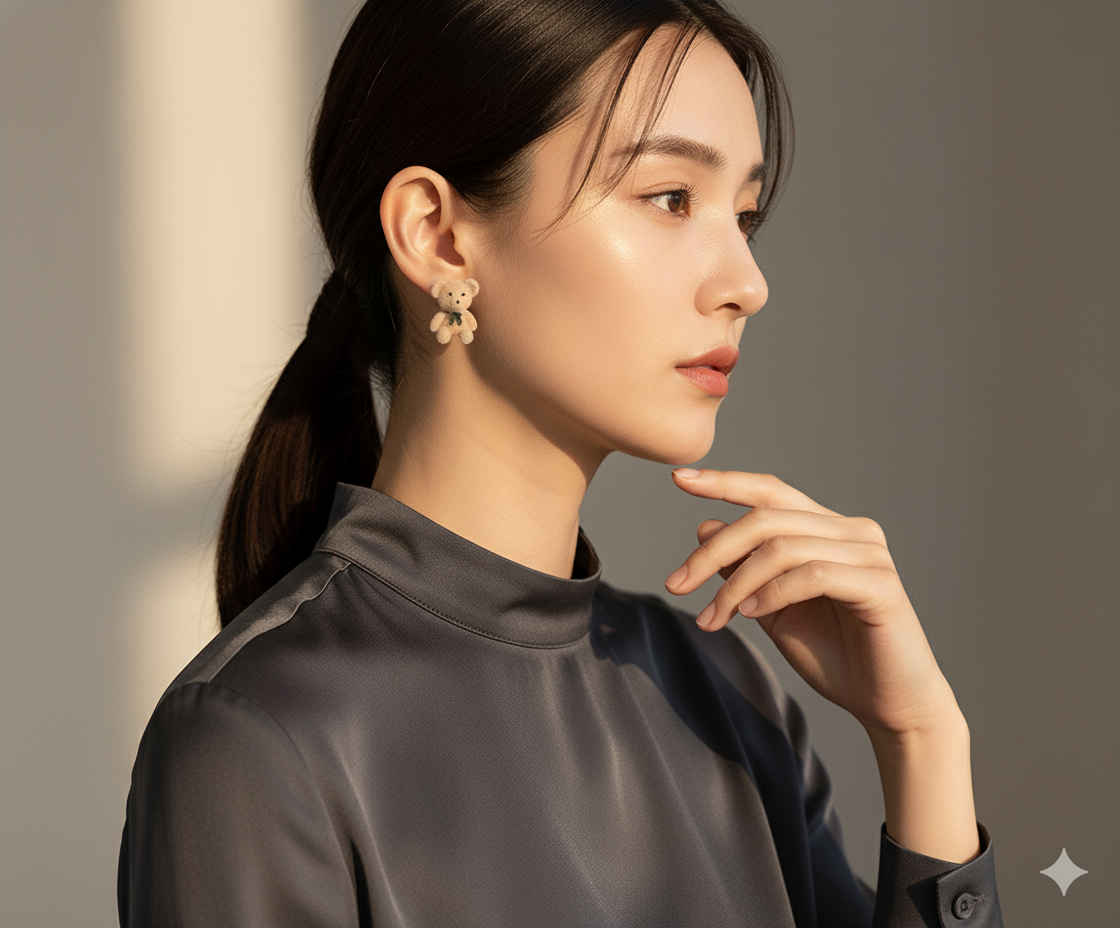 Flocked Teddy Bear Stud Earrings