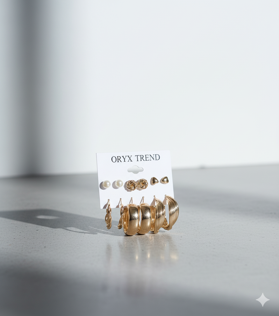 6-Pair Gold-Tone Fashion Earring Set (Hoops & Studs)