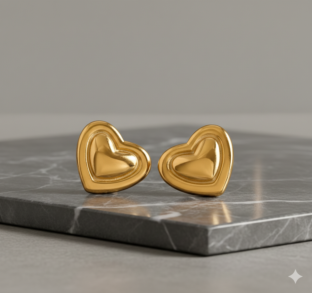 Bold Gold-Tone Stainless Steel Heart Stud Earrings