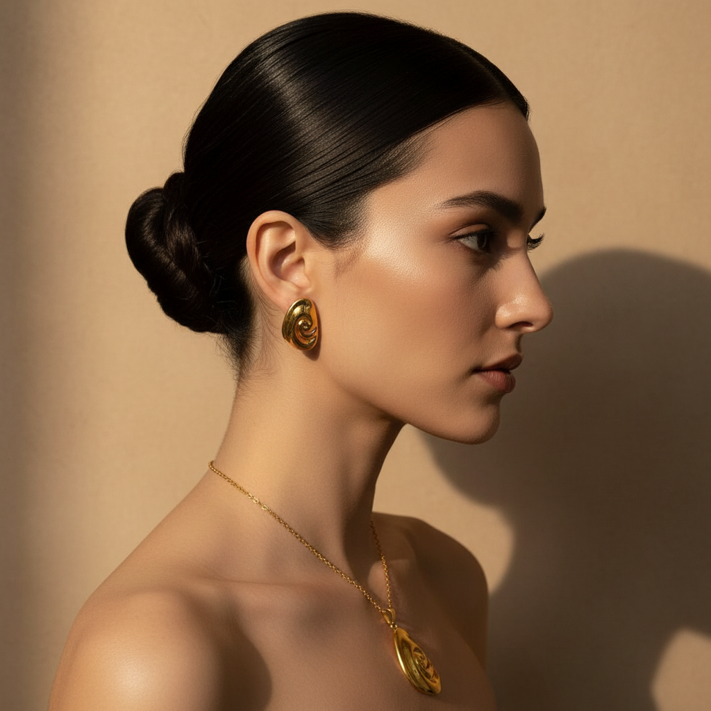 Golden Abstract Swirl Necklace & Earrings Set - Unique Statement Jewelry - ORYX TREND Necklace SetMake a bold statement with this stunning golden jewelry set. The set includes a unique necklace with a fluid, abstract swirl pendant and a pair of matching stud earrings. The polished, high-shine finish gives this contemporary design a luxurious feel. Perfect for adding an artistic touch to your outfit, this set is a must-have for those who love modern and unconventional accessories.Default Title#
