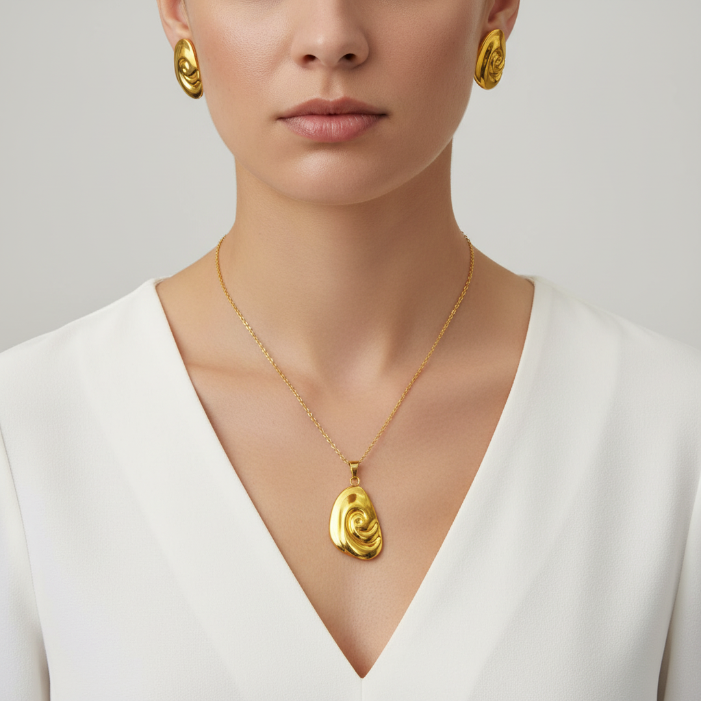 Golden Abstract Swirl Necklace & Earrings Set - Unique Statement Jewelry - ORYX TREND Necklace SetMake a bold statement with this stunning golden jewelry set. The set includes a unique necklace with a fluid, abstract swirl pendant and a pair of matching stud earrings. The polished, high-shine finish gives this contemporary design a luxurious feel. Perfect for adding an artistic touch to your outfit, this set is a must-have for those who love modern and unconventional accessories.Default Title#