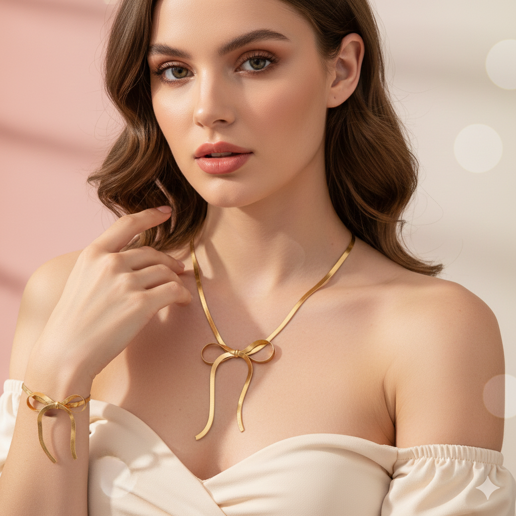 Gold Bow Necklace & Bracelet Set | Jewellery Combo Set for Women