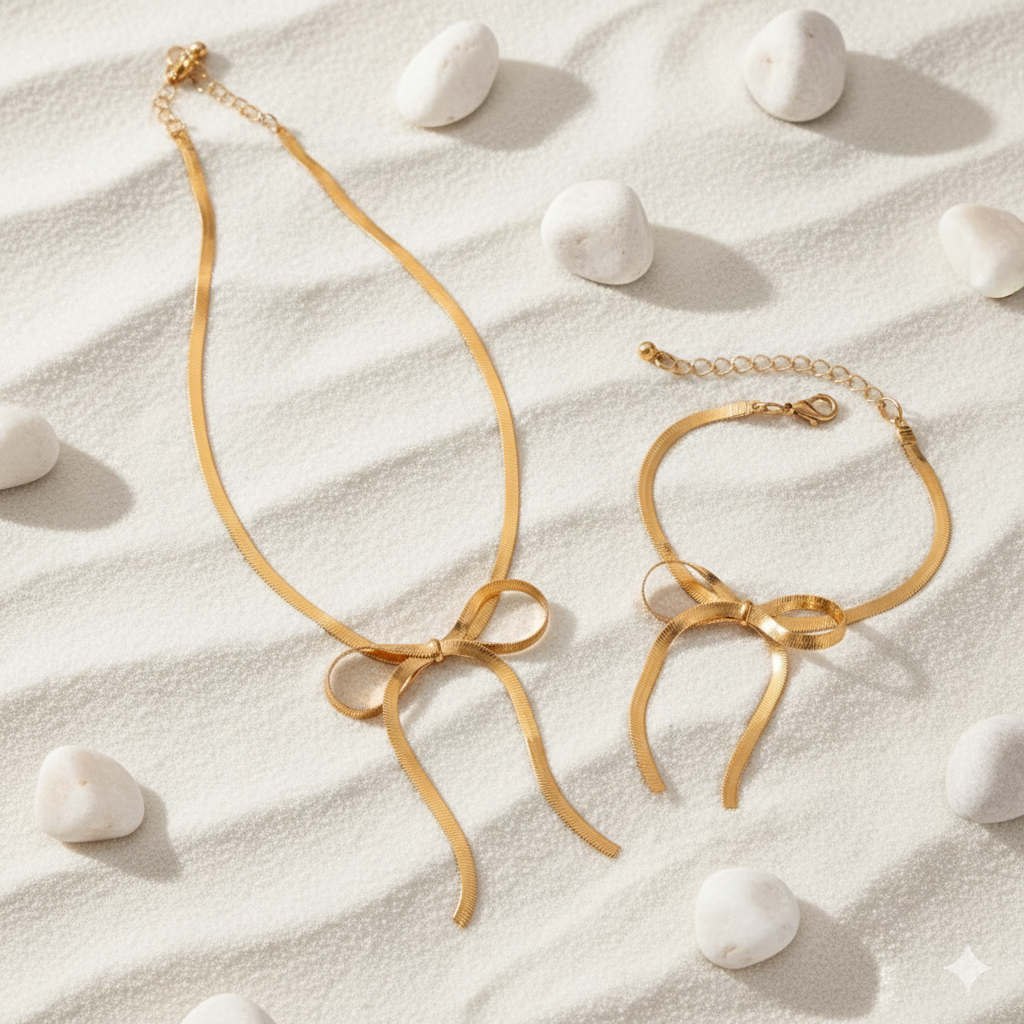 Gold Bow Necklace & Bracelet Set | Jewellery Combo Set for Women