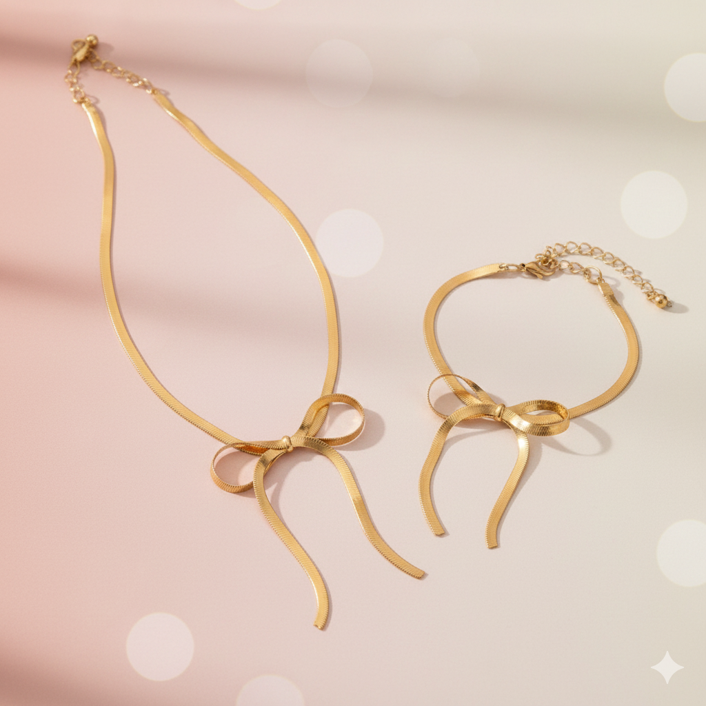 Gold Bow Necklace & Bracelet Set | Jewellery Combo Set for Women