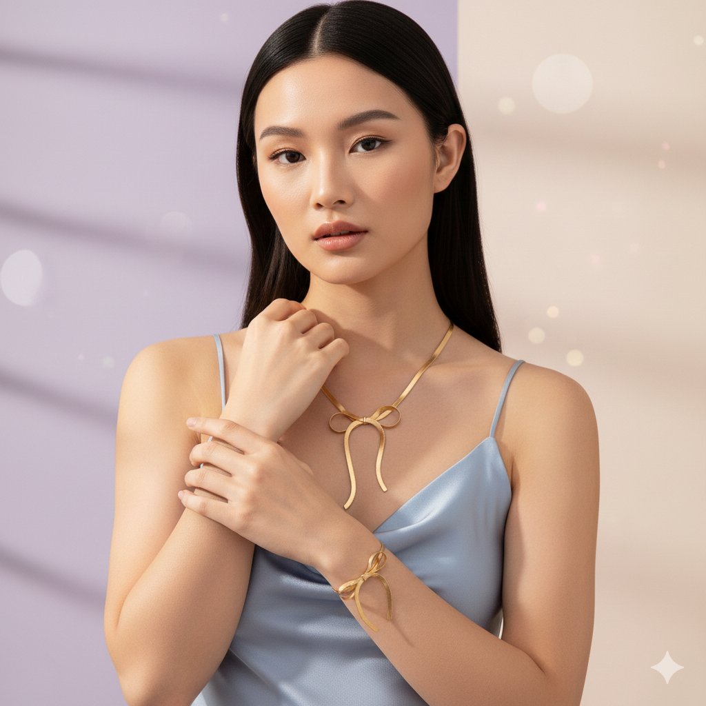Gold Bow Necklace & Bracelet Set | Jewellery Combo Set for Women