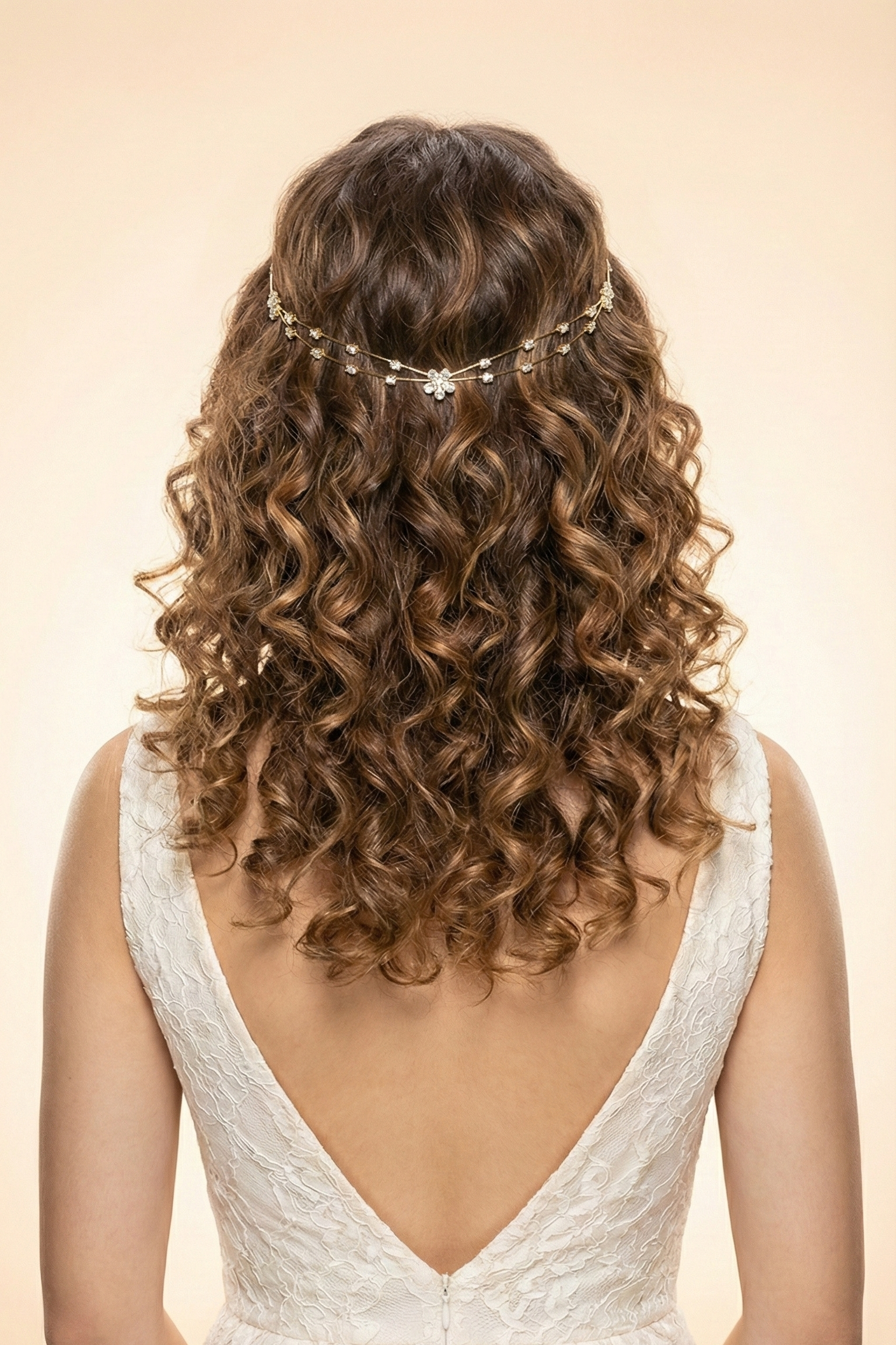 Woman with curly hair wearing a delicate headpiece, back view, on a beige background