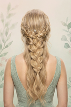 Woman with braided hair wearing a green dress against a floral background