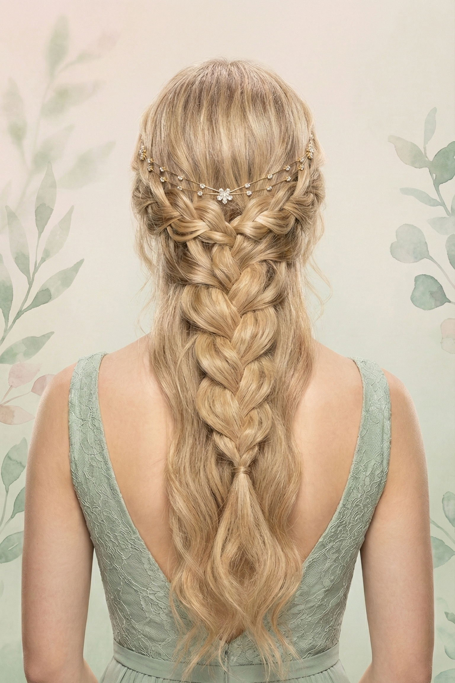 Woman with braided hair wearing a green dress against a floral background