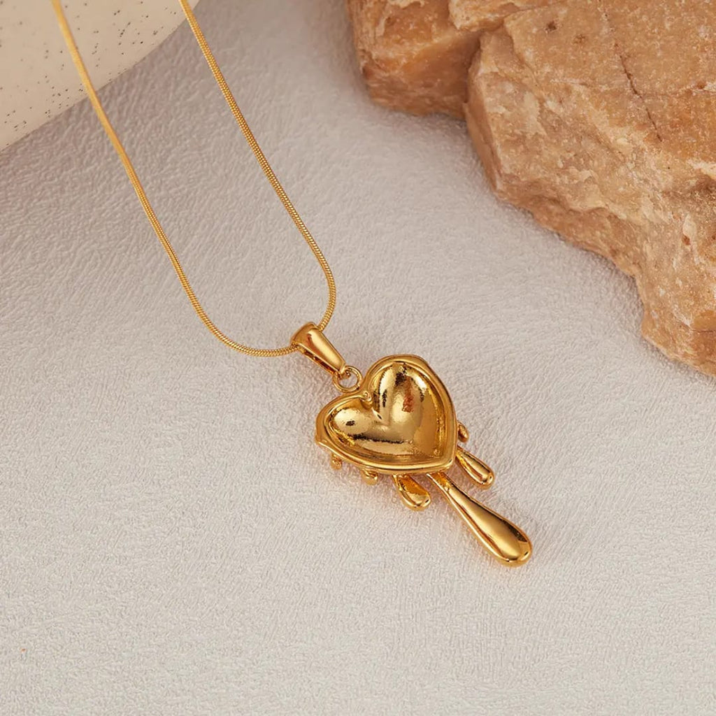 Gold Melting Heart Pendant Necklace - Unique Dripping Heart Jewelry