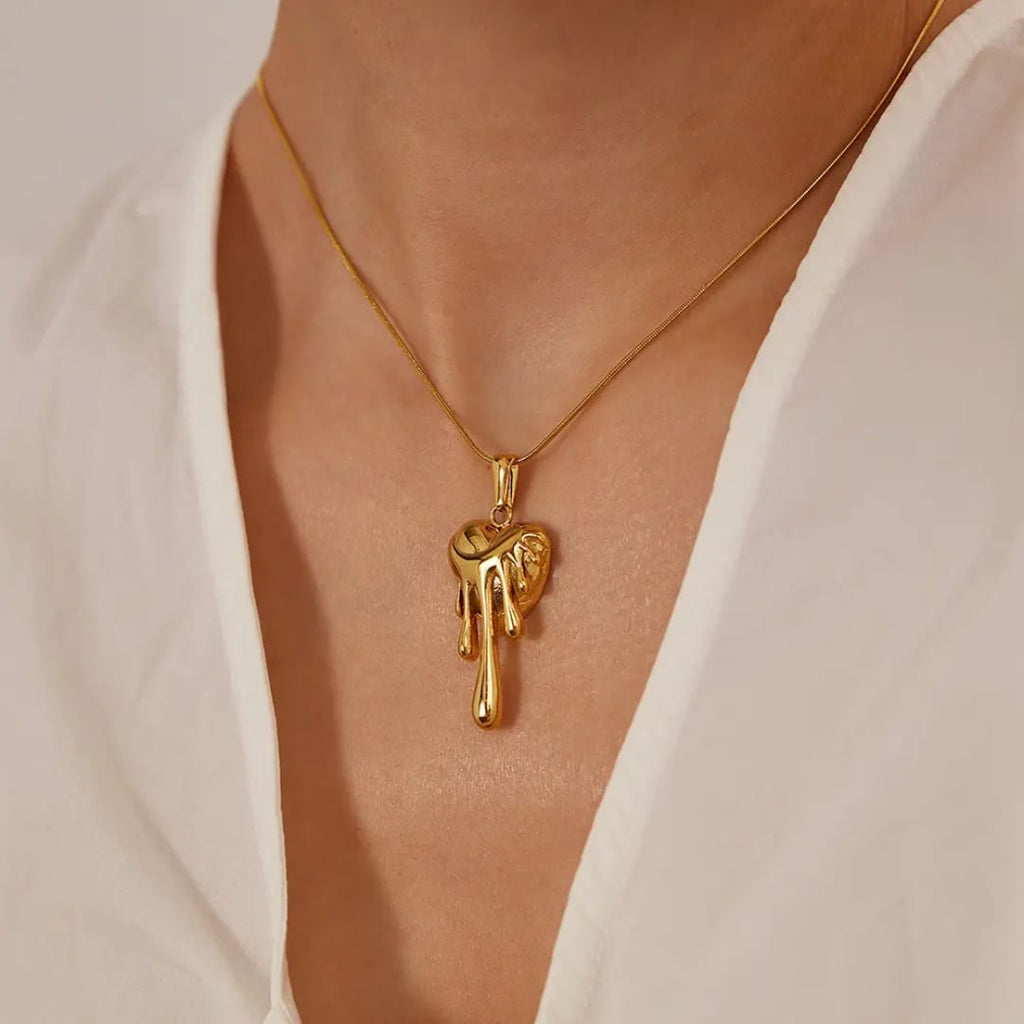Gold Melting Heart Pendant Necklace - Unique Dripping Heart Jewelry