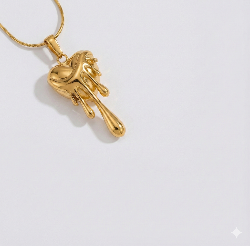 Gold Melting Heart Pendant Necklace - Unique Dripping Heart Jewelry
