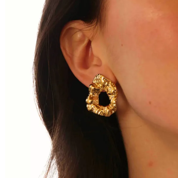 Statement Gold-Tone Molten Nugget Stainless Steel Earrings - ORYX TREND EaringA pair of bold and contemporary earrings featuring a distinctive, organic, "molten" texture. The abstract, irregular shape and hammered-look finish give them a high-fashion, artisanal appeal. Crafted from durable stainless steel and finished in a bright gold tone, these earrings are designed to be long-lasting and make a powerful statement. Perfect for adding a modern, sculptural touch to any outfit.Default Title#