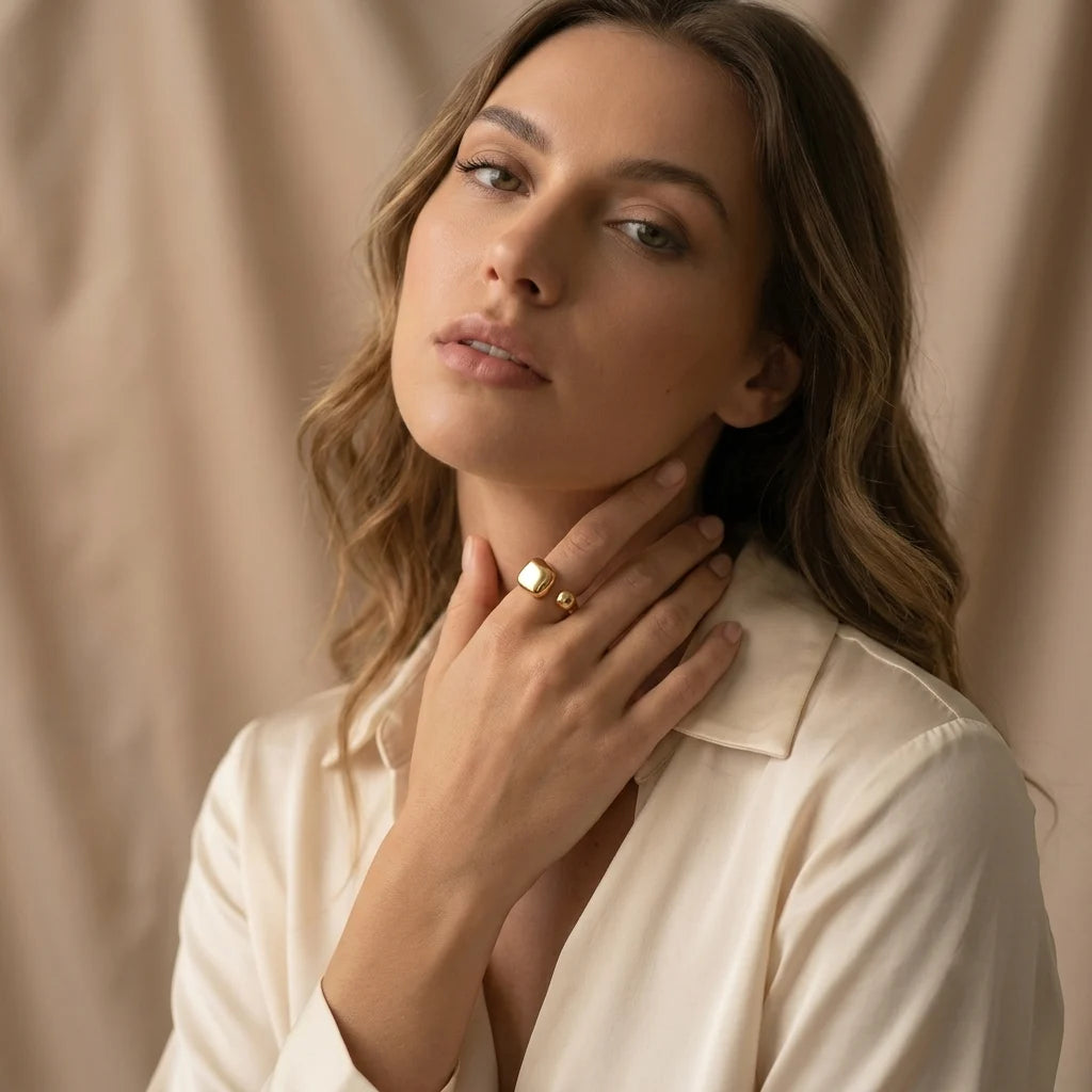 Gold Open Signet Ring | Minimalist Cushion Square Ring for Women