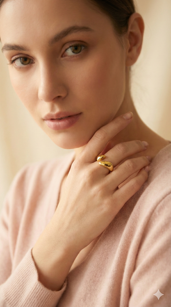 Gold Organic Nugget Open Ring - Sculptural Statement Jewelry - ORYX TREND RingEmbrace fluid design with the ORYX trend Gold Organic Nugget Open Ring. This stunning piece features two polished, abstract nugget shapes that almost touch, creating a dynamic, adjustable design. The smooth, high-shine gold finish gives it a luxurious, molten aesthetic. Perfect for those seeking bold yet sophisticated contemporary statement jewelry. Add this unique piece to your collection from ORYX trend.Default Title#