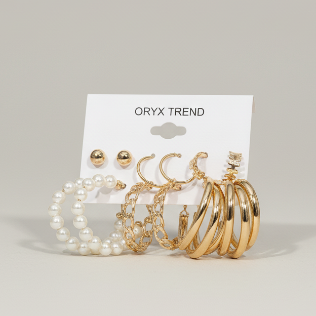 Gold Pearl Hoop Earring Set | 6 Pair Statement Earring Combo for Women