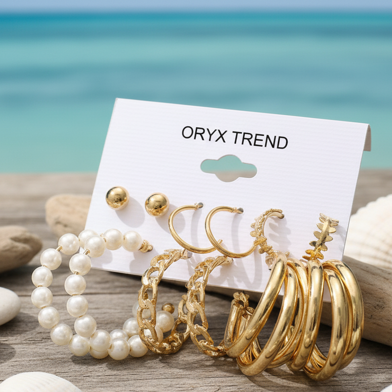 Gold Pearl Hoop Earring Set | 6 Pair Statement Earring Combo for Women